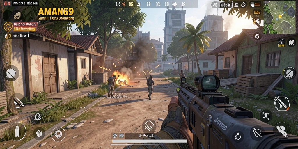 Screenshot gameplay AMAN69 menampilkan aksi tembak-menembak yang intens.