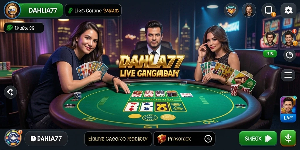 Screenshot DAHLIA77 menampilkan dealer yang sedang memandu permainan kasino langsung.