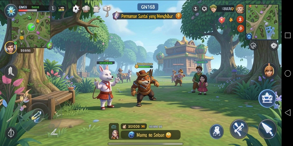 Screenshot gameplay GN168 menampilkan karakter yang berinteraksi dalam lingkungan ceria.