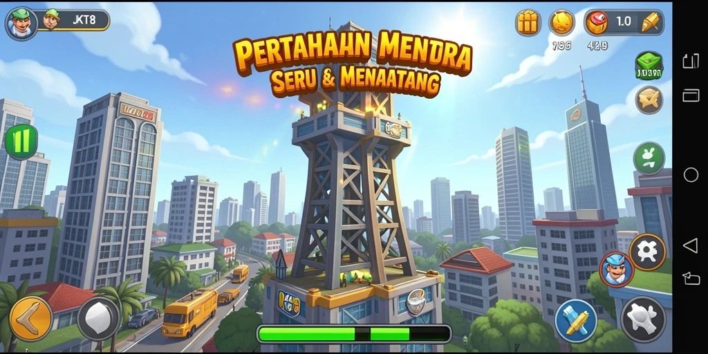 Menampilkan gameplay JKT8 dengan strategi Tower Defense yang menarik.