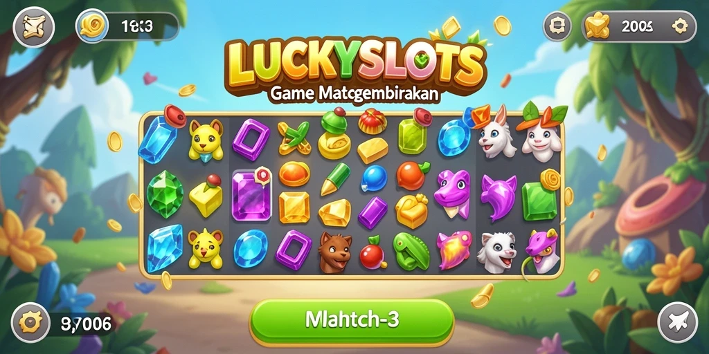 Screenshot LUCKYSLOTS menunjukkan gameplay menantang dalam genre Match-3.