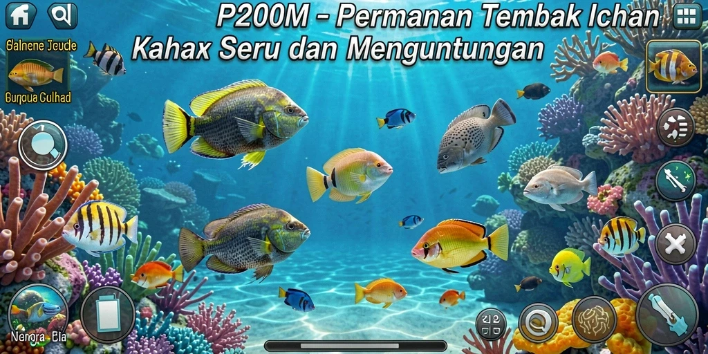 Screenshot utama P200M yang menunjukkan aksi menembak ikan.