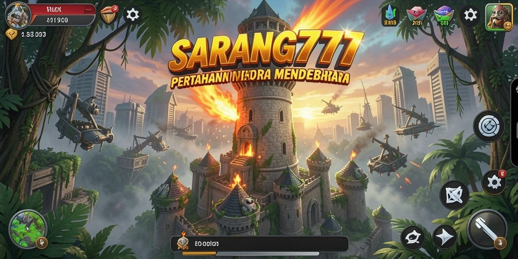 Screenshot utama SARANG777 menampilkan strategi menara dalam aksi.