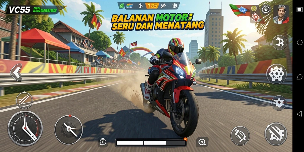 Tangkapan layar VC55 menampilkan balapan motor yang mendebarkan dan grafis yang memukau.