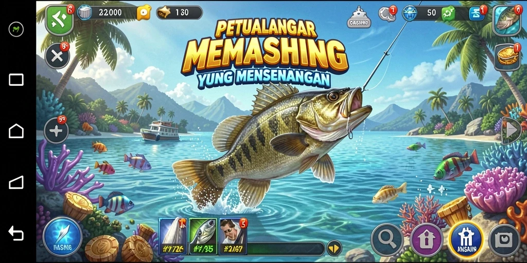 Tampilan gameplay WINALLCASINO yang menggembirakan saat memancing ikan.
