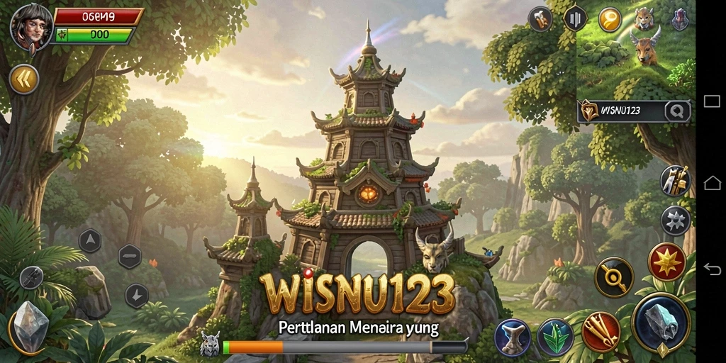 Screenshot gameplay menampilkan menara dan musuh dalam WISNU123.